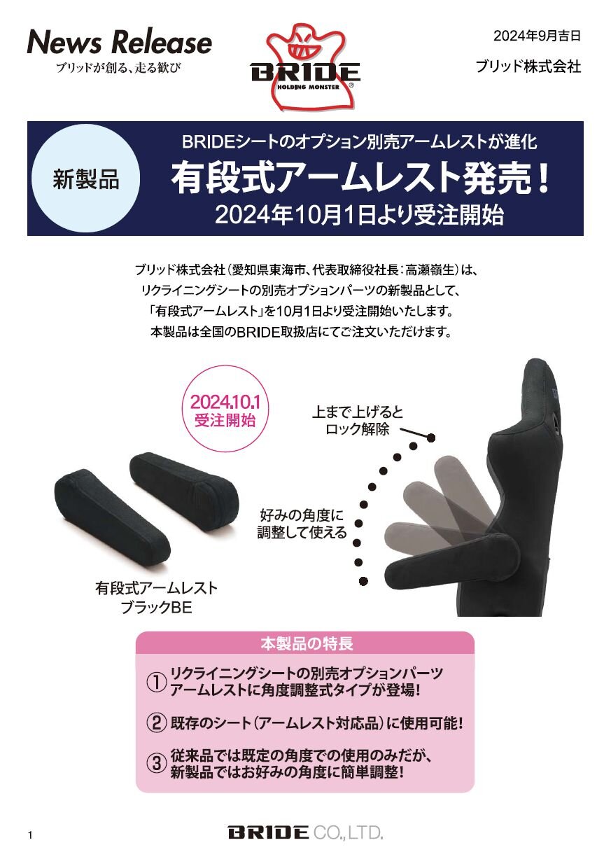 リクライニングシートの別売オプションパーツ【有段式アームレスト】新